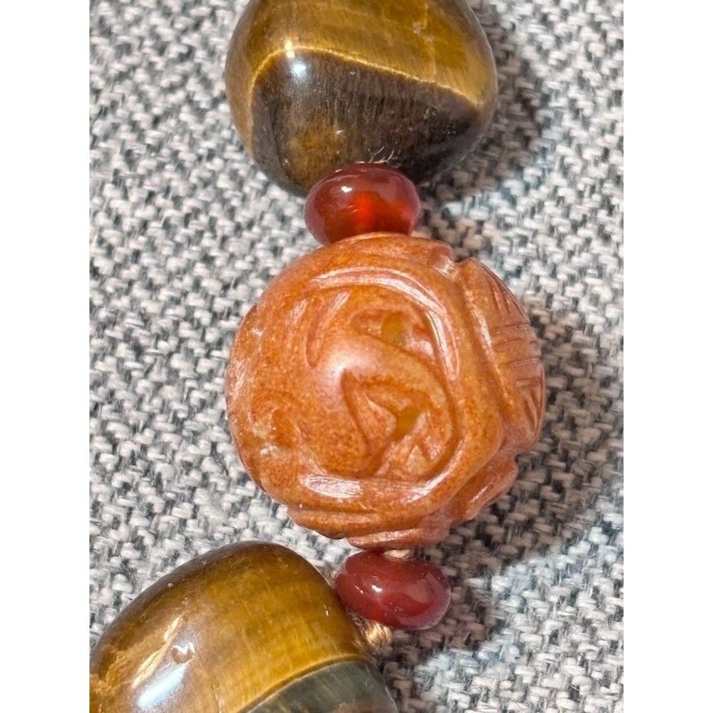 Vintage Sterling Silver Tiger’s Eye Necklace Hand Knotted Shou Bead 17" Chinese - Picture 5 of 16